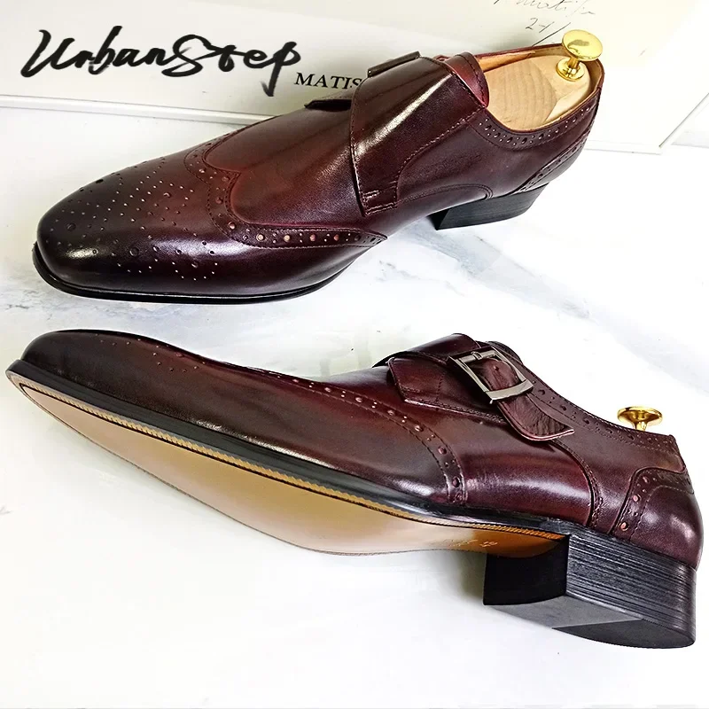 Leather shoes LUXURY MEN'S LOAFERS GENUINE LEATHER BURGUNDY SLIP ON MONK STRAP CASUAL DRESS MAN SHOE BUSINESS OFFICE WEDDING SHOES MEN