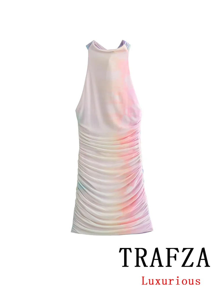 

Женское винтажное платье с принтом TRAFZA, шифоновое Сетчатое платье-футляр с лямкой на шее, летнее милое праздничное платье, 2024