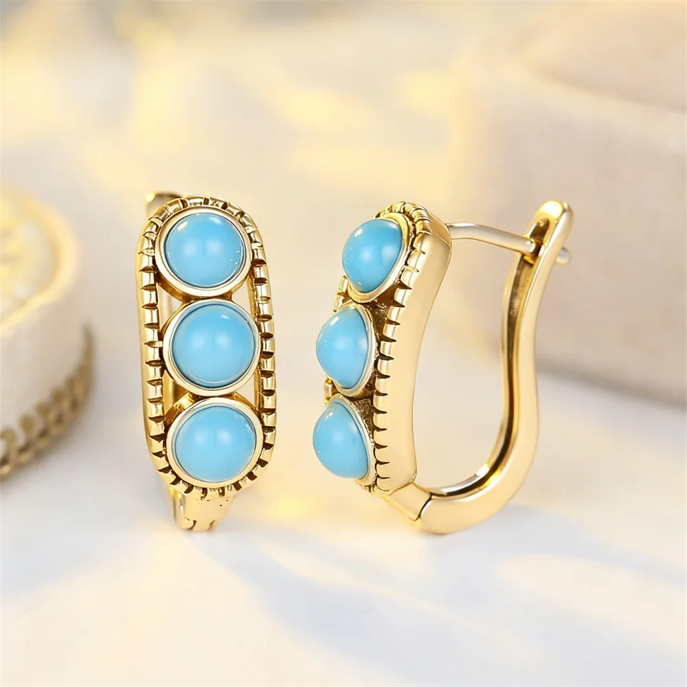 Simulated Turquoise Blue Round Stone Hoop Earrings For Women Vintage Gold Silver Color Ear Buckle Wedding Jewelry Valentine Gift