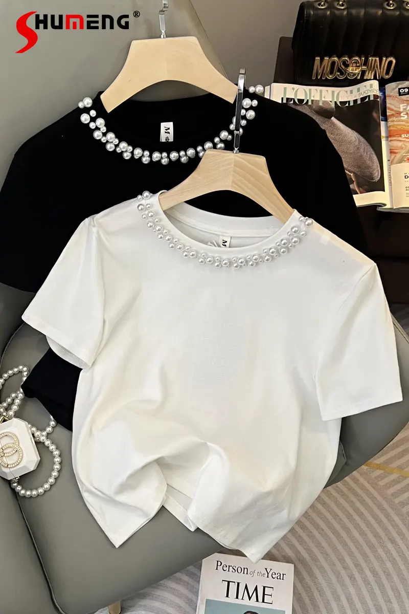 

White Short-Sleeved T-shirt for Women 2023 New Design Summer Tshirt Heavy Industry Beads Stretch Crew Neck Casual T Shirts Top