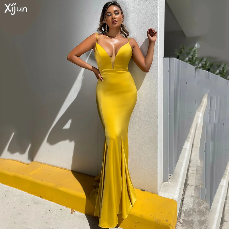 

Xijun Sexy Mermaid Prom Gowns For Women Spaghetti Strap Sheer Deep V Neck Evening Dresses Sleeveless Vestidos De Gala 2022