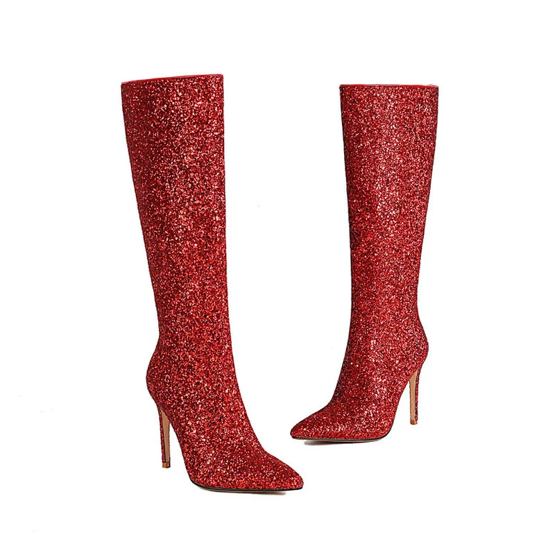 Ochanmeb Sexy Stiletto Heels Silver Red Glitter Boots Women Thin