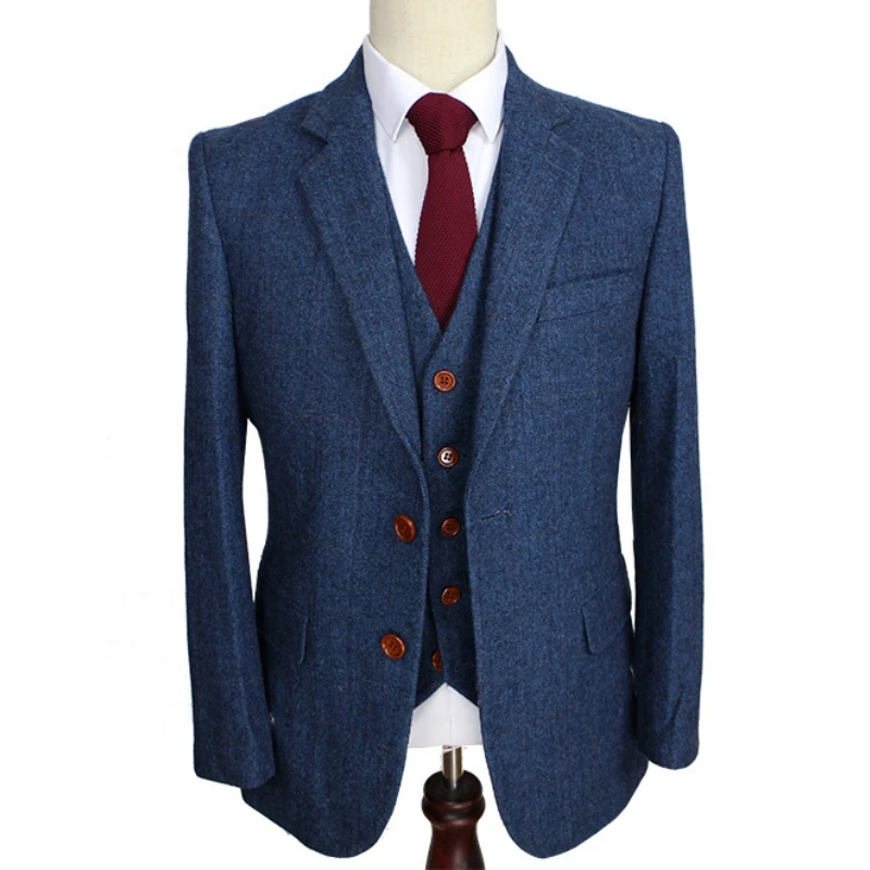 

Blue Herringbone Retro Gentleman Classic Style Custom Made Men Suits Tailor Suit Blazer Suits For Men 3 Piece Jacket Pants Vest