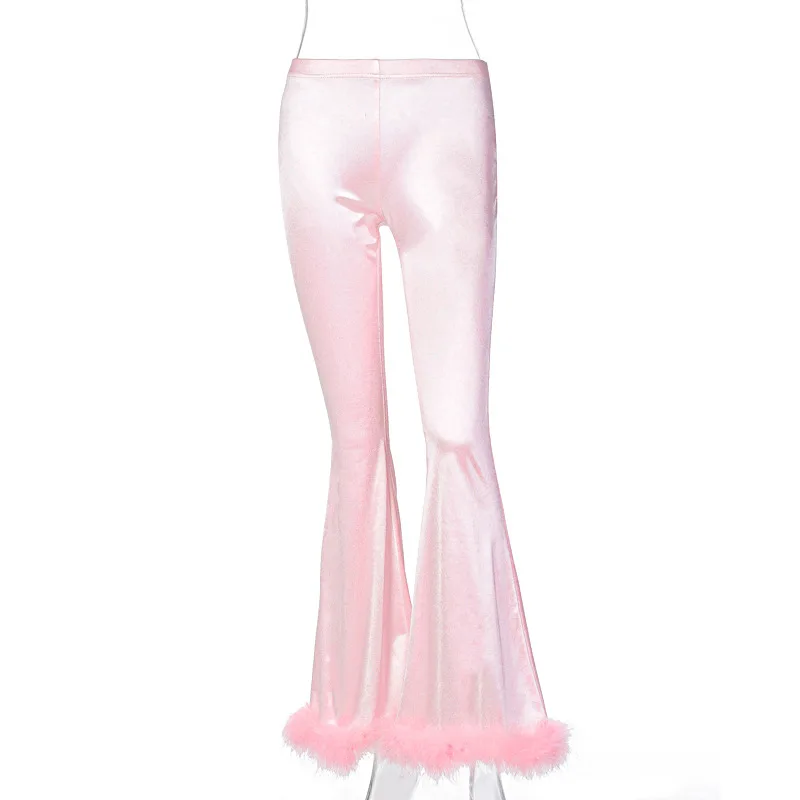 Faux Fur Fluffy Satin Ladies Flared Pants High Waist Flared Pants Bodycon Sexy Autumn and Winter Bottoms Women Pink Trousers