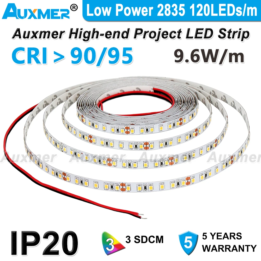 Low Power 2835 LED Strip Lights 120LEDs 9.6W/m,CRI90/95+ IP20 DC12/24V White LED Light Strip Dimmable for Room Decor,UnderCabint