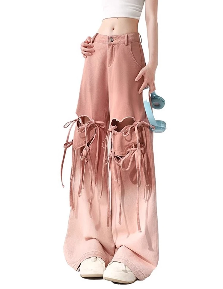 Large Size Cute Pink Heart Shape Summer Thin Lace-up Jeans Women's Loose Fashion High Waist Straight Wide Leg Ripped Floor Pants - Image 5