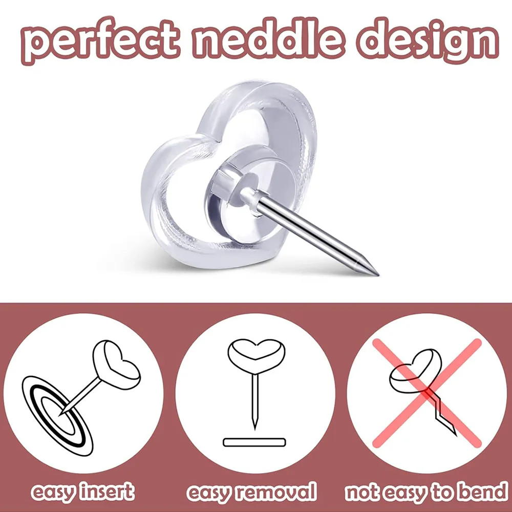 50/100PCS Transparent Love Heart Push Pins Peach Heart L-beam Nails Wall