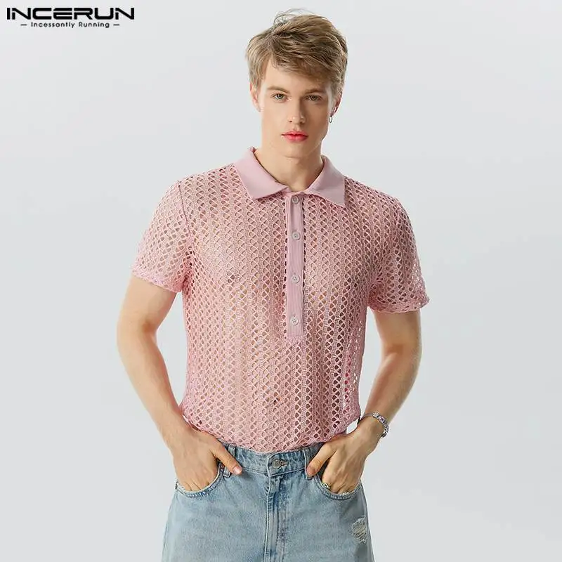 

American Style Men's See-through Mesh Hollowed Shirts Casual Sexy Male Solid Short Sleeved Lapel Blouse S-5XL INCERUN Tops 2023