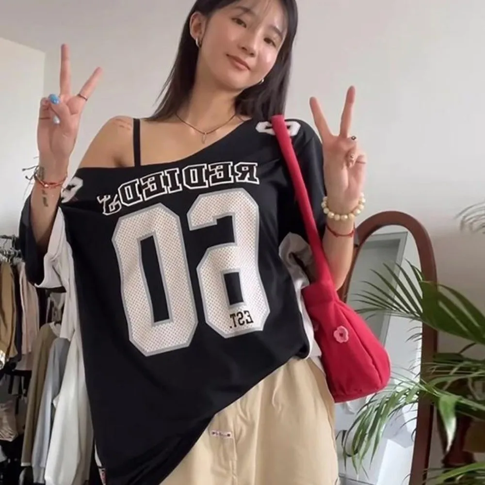 Asymmetry Sporty Casual T-shirt English Letter Atmosphere Style Short Sleeves Top Casual Versatile Harajuku Short Sleeved Party