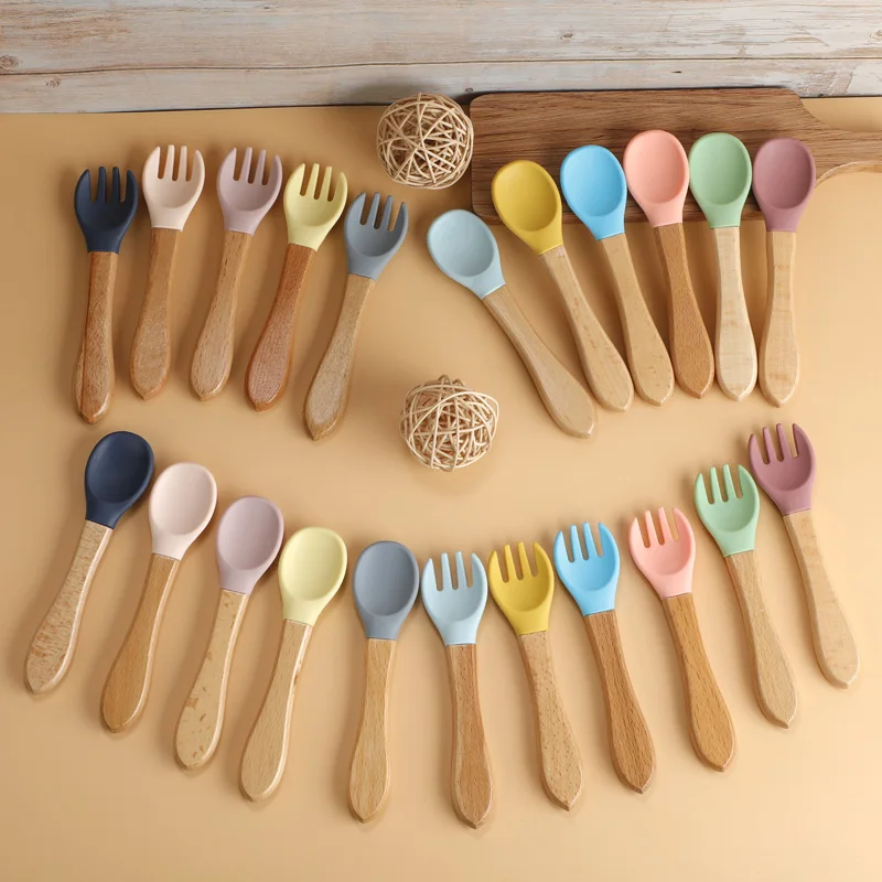Baby Silicone Fork Spoon Set Wooden Handle Feeding Set 1Set