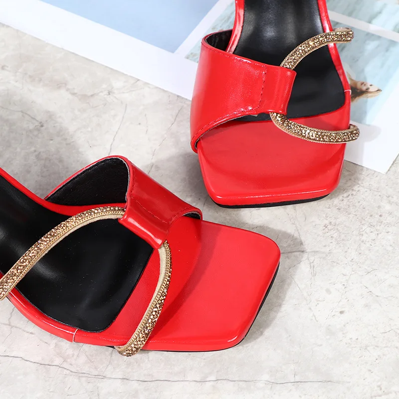 Plus Size 42 Women's Shoes 2022 Summer New PU Metal Chain High Heel Sandals Open Toe Fashion Simple Outer Women's Slippers