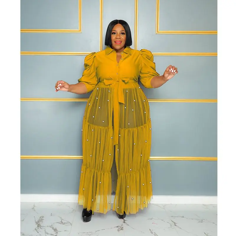 Plus Size Curvy Woman Dress Mesh Pearl Patchwork Fashion Elegant Club Outfit Casual Luxury Gowns 2023 Summer Evening Party Dress