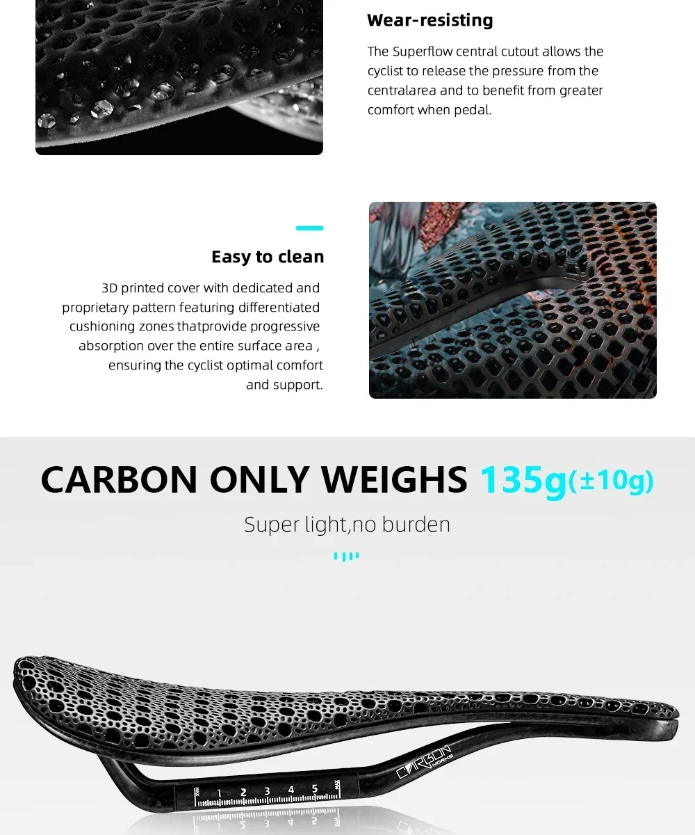 RYET Carbon-Fahrradsattel, 135 g, 240 x 145 mm, 3D-gedruckt/EVA-gepolstert, für Rennrad, MTB, Kies, Radfahren, Komfort, Performance-Sitz – Detail 10