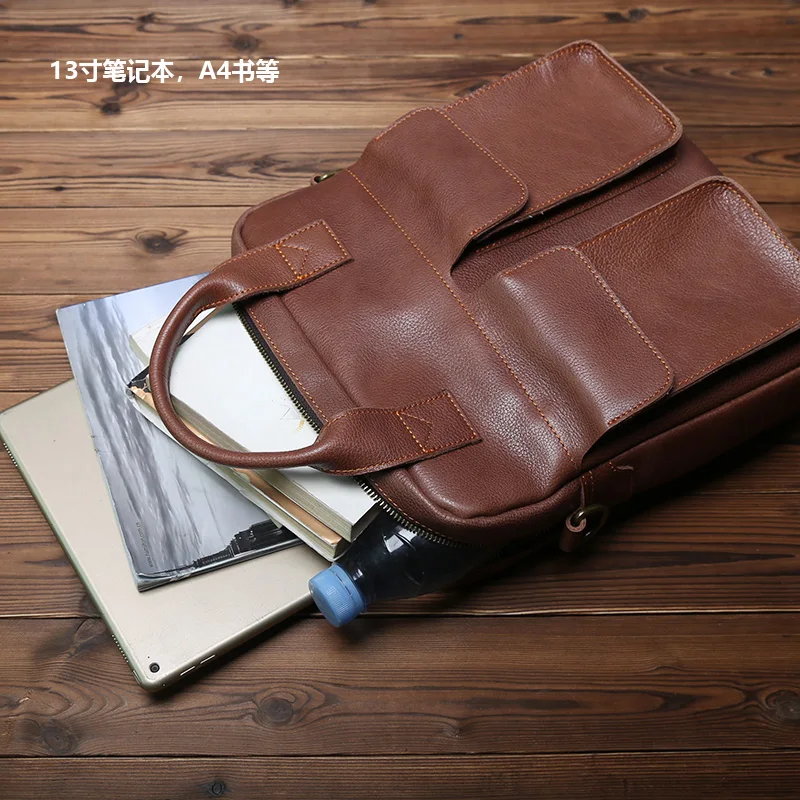 NZPJ New Retro Leather Men's Handbag Top Layer Cowhide Vertical Single Shoulder Messenger Bag Postman Briefcase Computer Bag