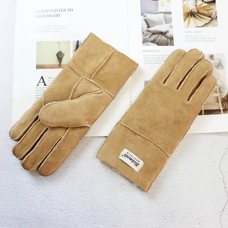 Women's Thickened Winter Sheepskin Fur Gloves Windproof Warm Outdoor Motorcycle Riding Color Leather Finger Gloves