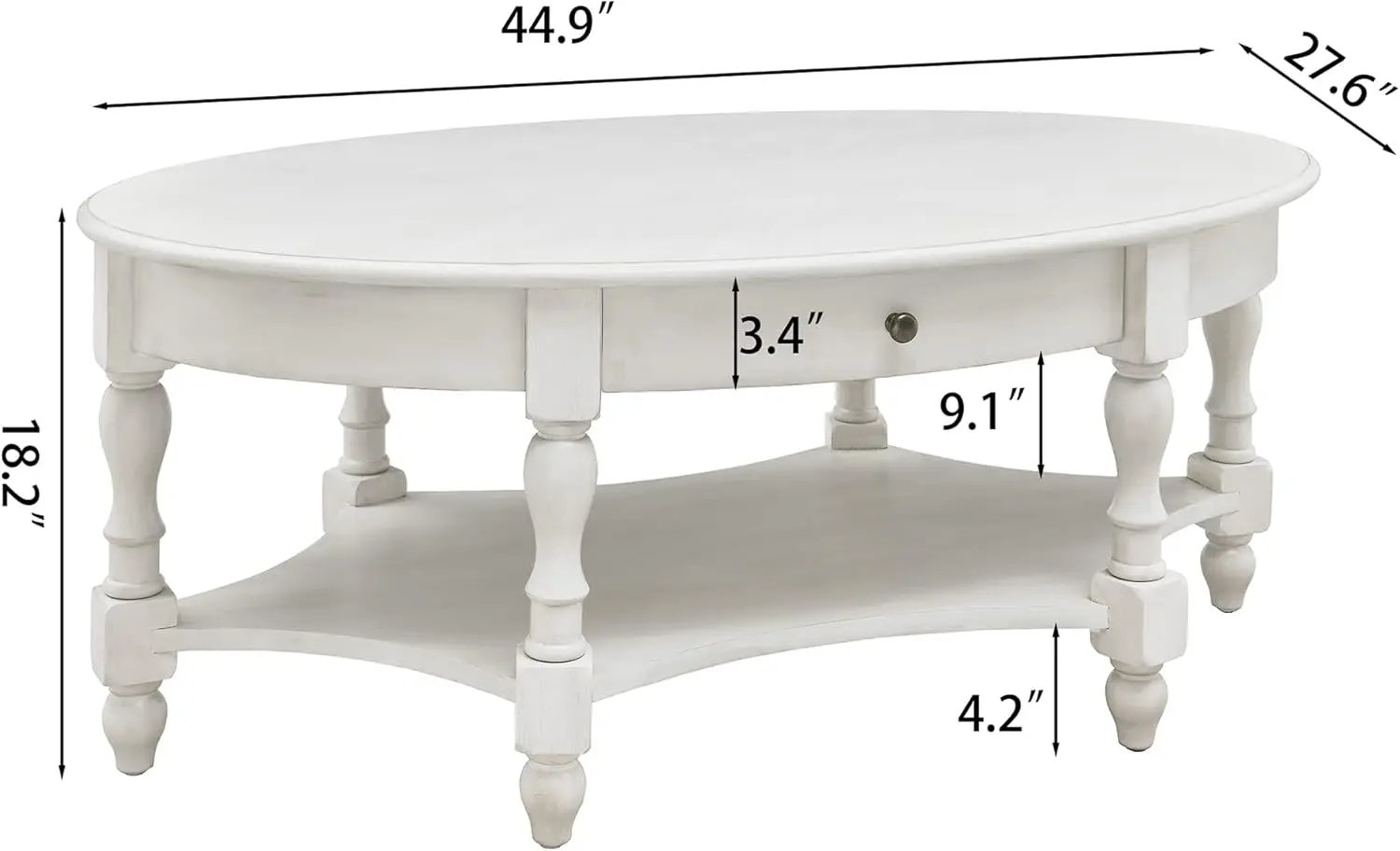 Solid Wood Oval Coffee Table 44.9" Antique White with Drawer Storage Shelf Traditional Retro Center Table Polished Edging