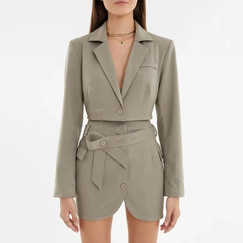 Sexy Autumn New Hot Girl  Long-sleeved Small Suit High-waist Cardigan Single-breasted Short Skirt Suit Female