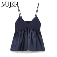 MUJER Blue Crop Top Women Ruffle Knitted Camis Top Woman Off Shoulder Corset Top Female Streetwear Backless Women's tube top