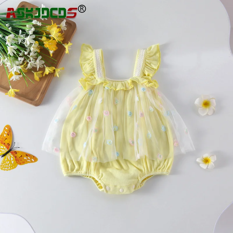 

2024 Summer Kids Baby Girls Sling Flower Ruched Mesh Outdoor Clothing Infant Newborn Jumpsuits Toddler One-pieces Bodysuits 유아복