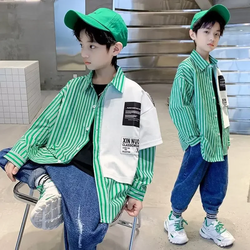 Children's Loose-Fit Striped Shirt Long Sleeve Autumn Collection Vest Trendy Jacket For Boys Spring Autumn