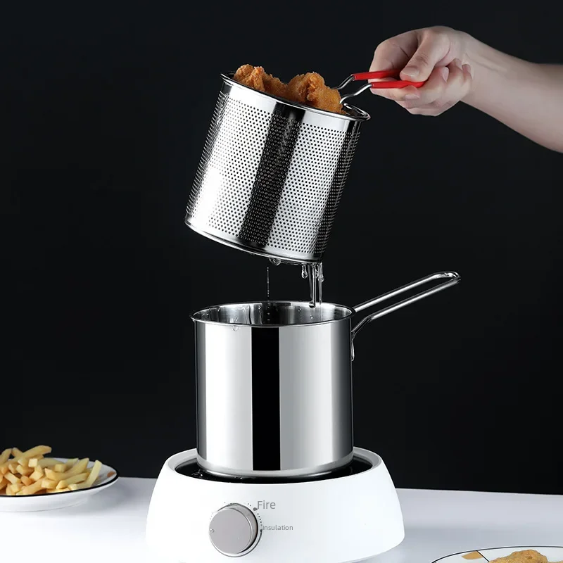 Mini Home Use Oil Fryer Deep Frying Pot Stainless Steel 304 Single Bottom No Dirt Lid Universal All Stoves