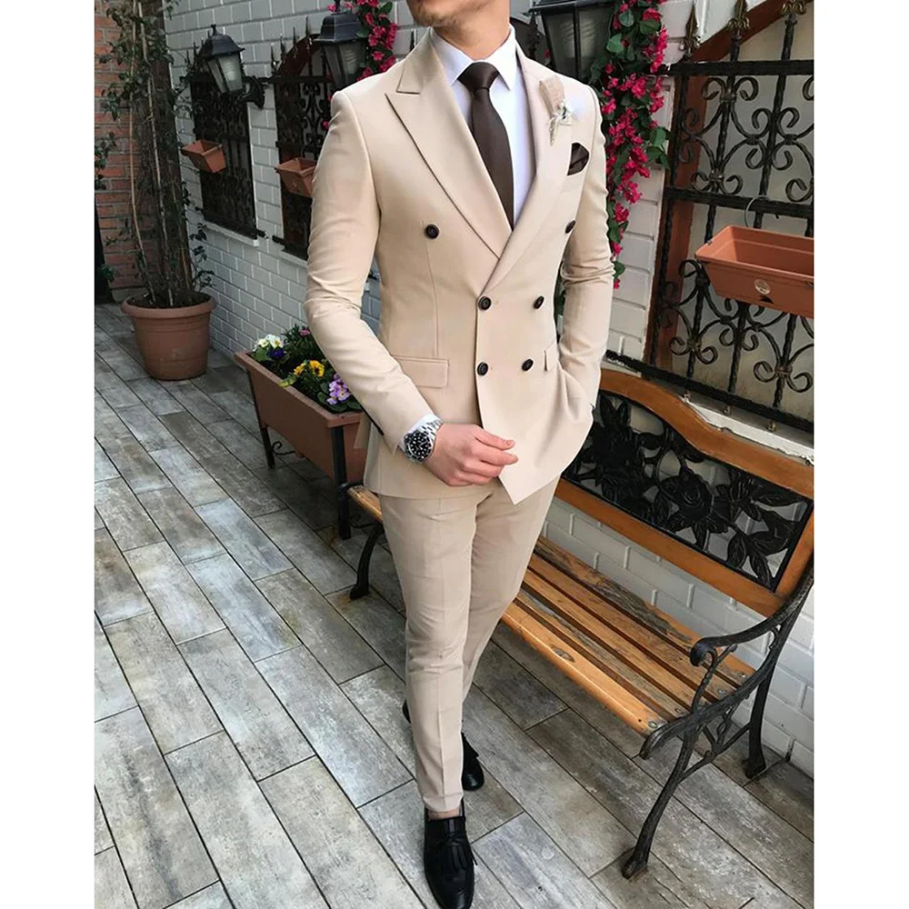 

Beige Men Suits Slim Fit Double Breasted 2022 Latest Design Black Burgundy Groom Wear Wedding Tuxedos Best Costume 2 Pieces Set