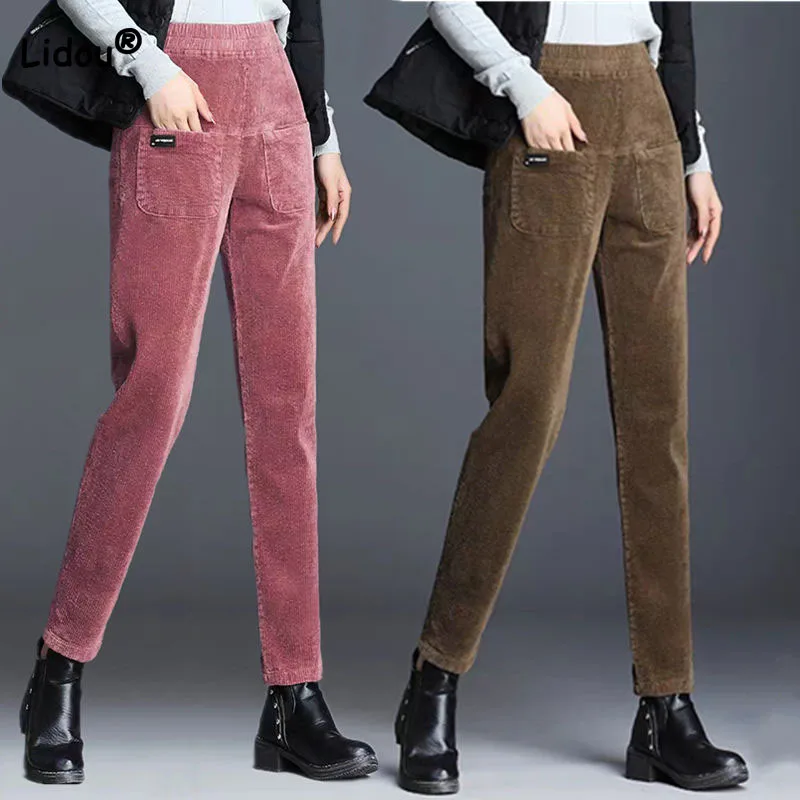 Vintage Solid Color Pockets Harem Pants Women's Clothing Spring Summer Fashion Casual Elastic Waist Thin Trousers for Female