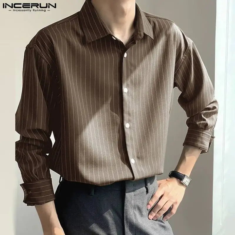 

INCERUN Tops 2023 Korean Style New Men Well Fitting Striped Blouse Fashion Solid All-match Comfortable Long Sleeved Shirts S-5XL
