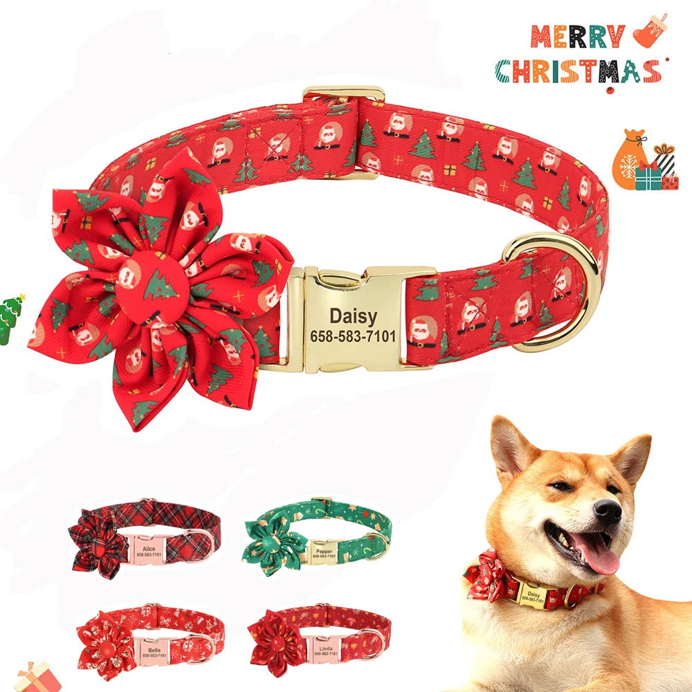 Personalized Christmas Dog Collar Customized Plaid Pet Collars