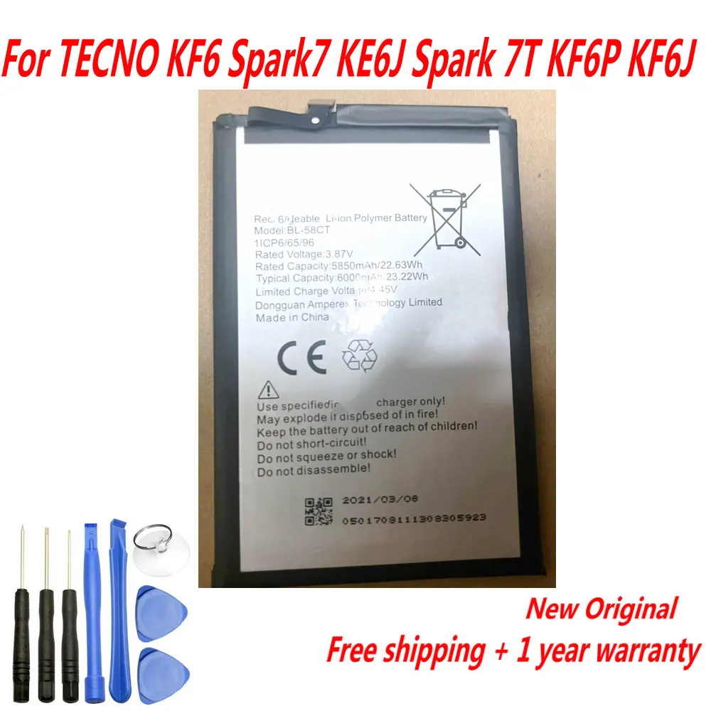 

NEW Original 3.87V BL-58CT 6000mAh Battery For TECNO KF6 Spark7 KE6J Spark 7T KF6P KF6J Mobile Phone