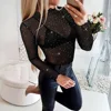 Women's Solid Sexy Sheer Mesh Sequins Long Sleeve Blouse Tops Ladies Slim Fit Party Club Pullover T Shirts Tee Size S-2XL