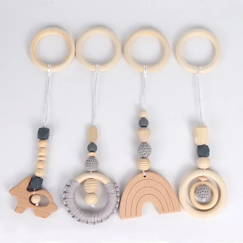Wood Teether Toddler Hanger Rattle Wood Ring Teething Toys For Newborn Baby Pram Toy Bebe Baby Play Gym Silicone Beads 4PCS/Set