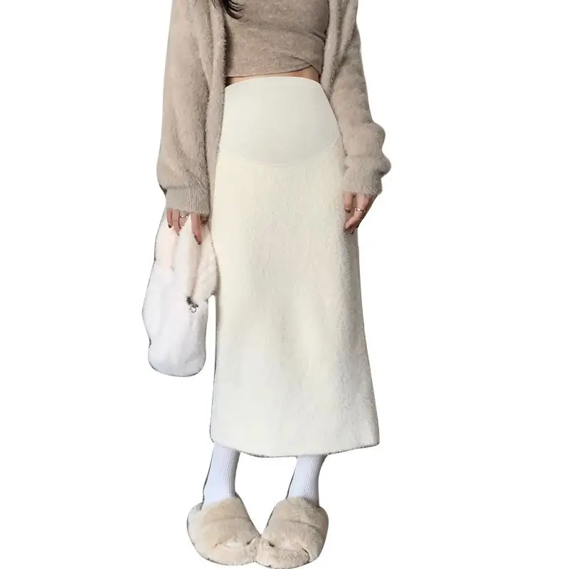 Winter Maternity Belly Skirt Solid Color High Waist Faux Mink Fur Empired Straight Skirt Thick Warm Pregnant Woman Pencil Skirts