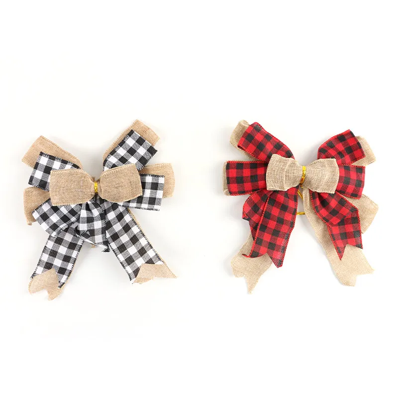 1 Pcs 23.8*22.9cm Christmas Plaid Handmade Bow Christmas Lootabgs Linen Bows New Year Christmas Tree Decoration Creative DIY