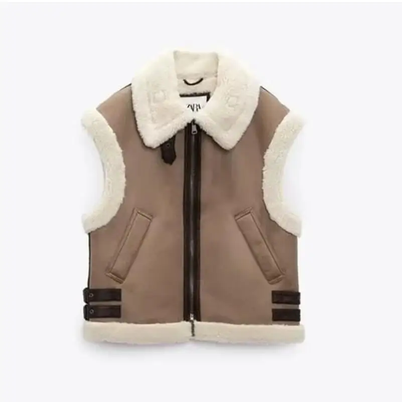 

Brushed Vest 2022 Autumn Winter Ladies Warm Fur Integrated Sleeveless Fleece Stitching Coat Vest Jacket Femme Zipper Tops p627
