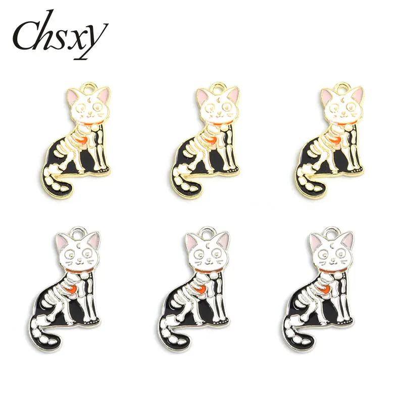 

10pcs Funny Halloween Skeleton Cat Charms Enamel Skull Kitten Drip Oil Alloy Pendants DIY Jewelry Making Fit Necklace Keychain