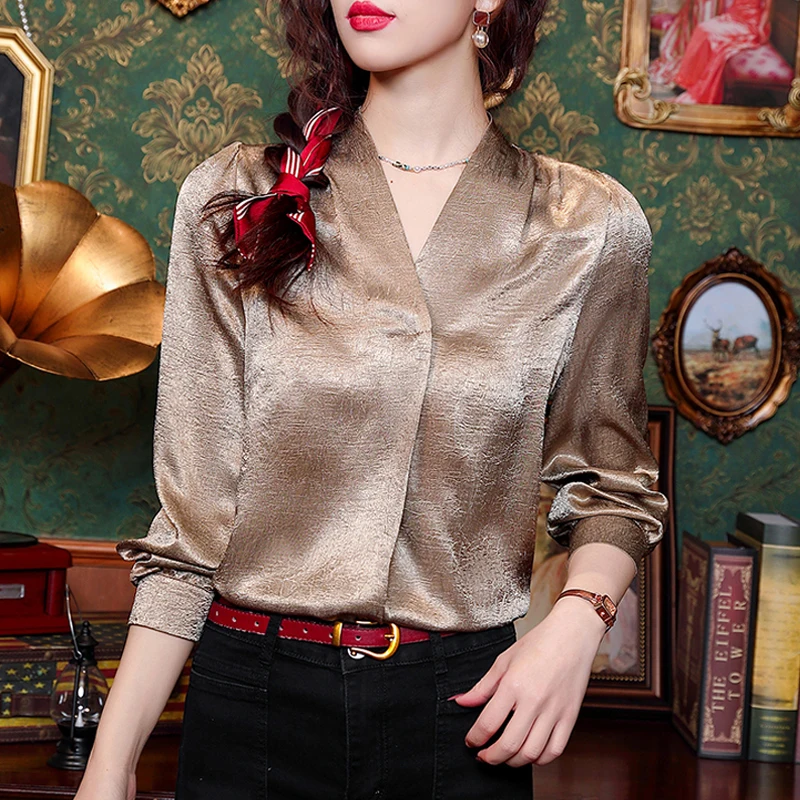 

Винтажная жаккардовая атласная рубашка, пуловер с длинным рукавом, блузка, новинка 2024, однотонные простые женские топы с V-образным вырезом на весну