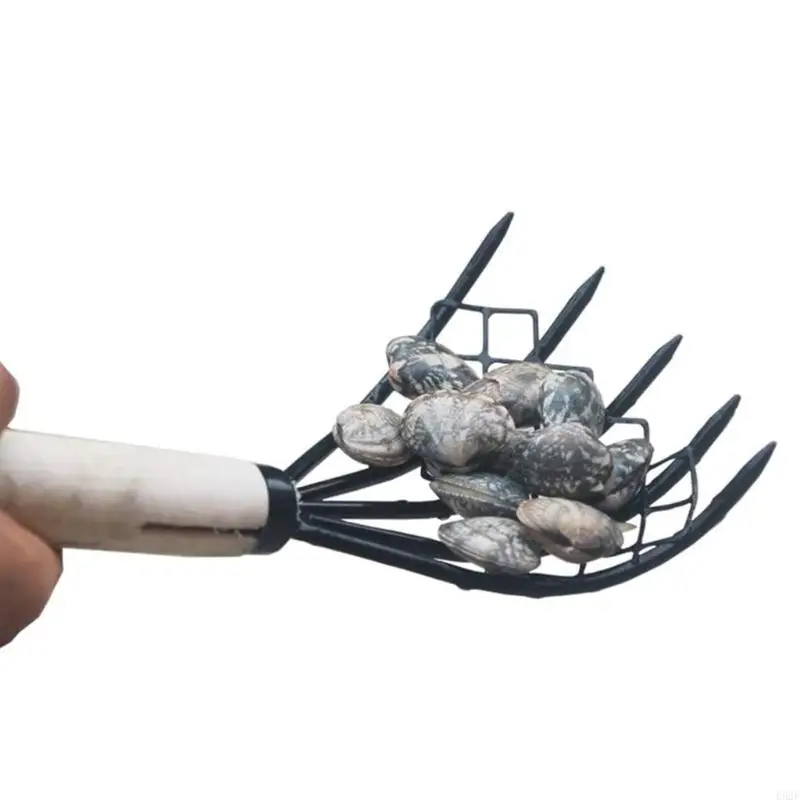 652F Claw Rake with Mesh Net 15 Inch Hand Rake 5-Tine Steel Clamming Claws Long Lightweight Handled for Shell Clam Digger