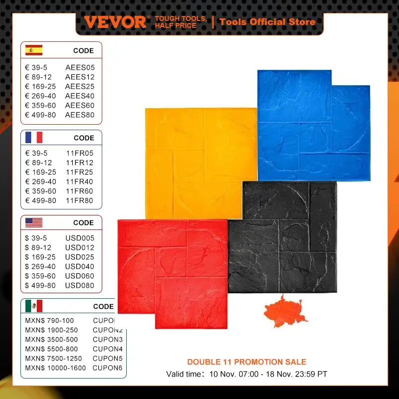 VEVOR 4 Pcs Concrete Texturing Skin Polyurethane Concrete Stamping Mats Set 24"x24" Texture Patterns Stamps for Walls Floors