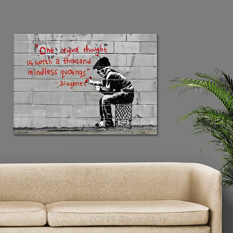 BANKSY ORIGINAL THOUGHT QUOTE - DEEP FRAMED CANVAS WALL ART GRAFFITI PRINT-  RED