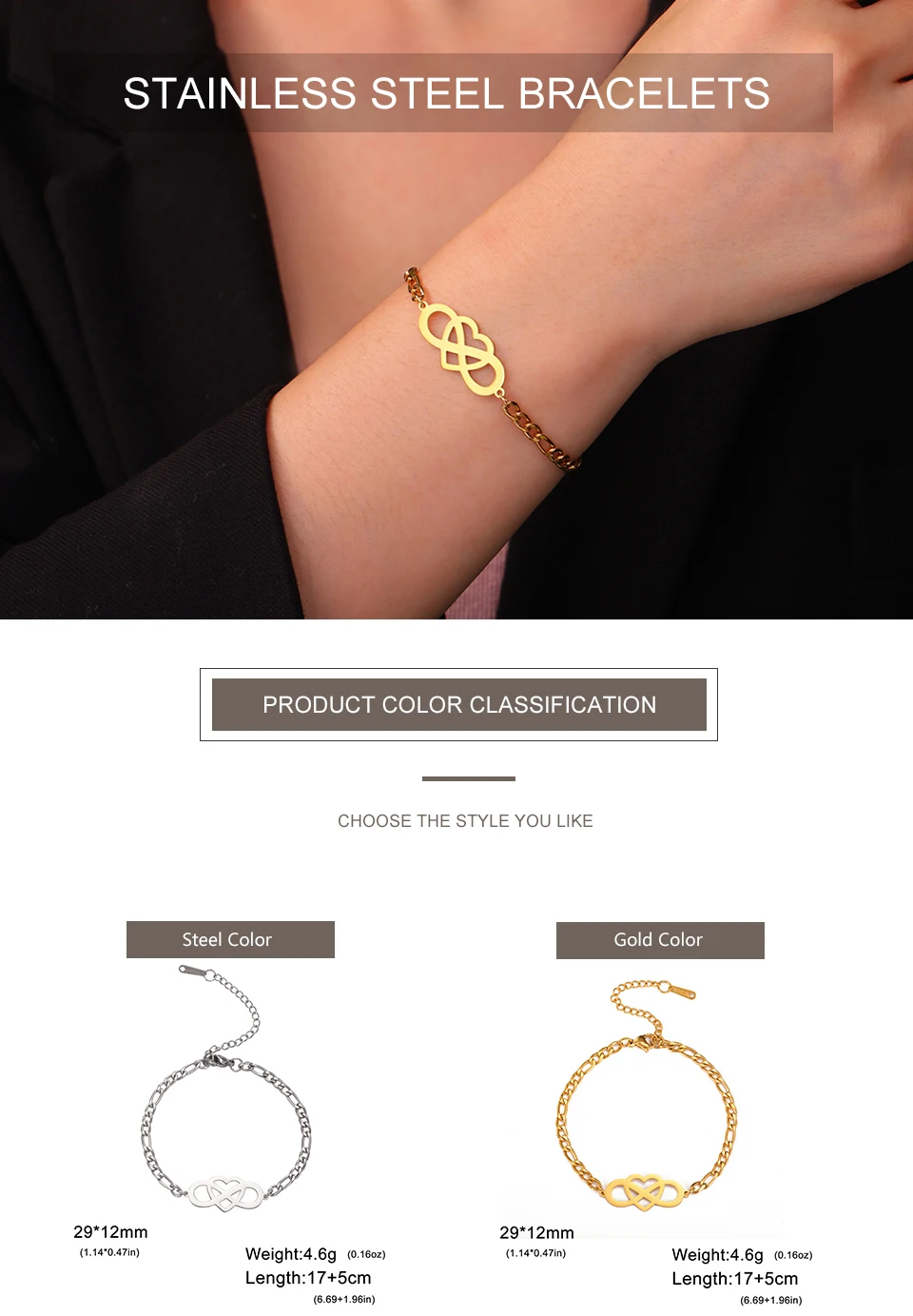My Shape Unendlichkeit Symbol Charms Armbänder Frauen Edelstahl Gold Farbe Figaro Kette Herz Liebe Anhänger Kpop Modeschmuck – Detail 5