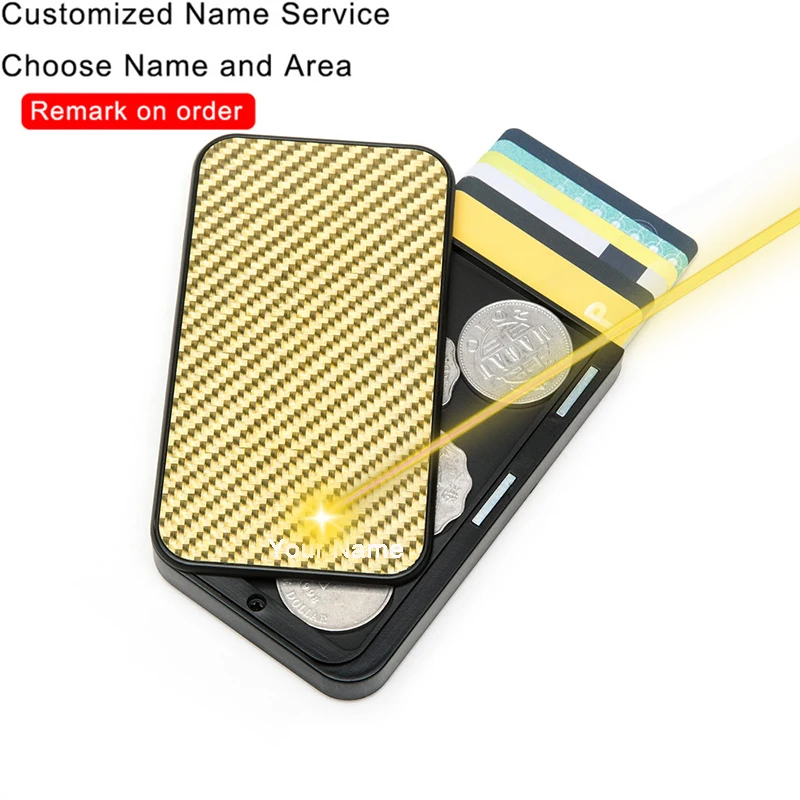 Bycobecy Customized Name Carbon Fiber Credit Bank Card Holder RFID Blocked Thin Wallet Men Slim Card Case Tarjetero Hombre Coins