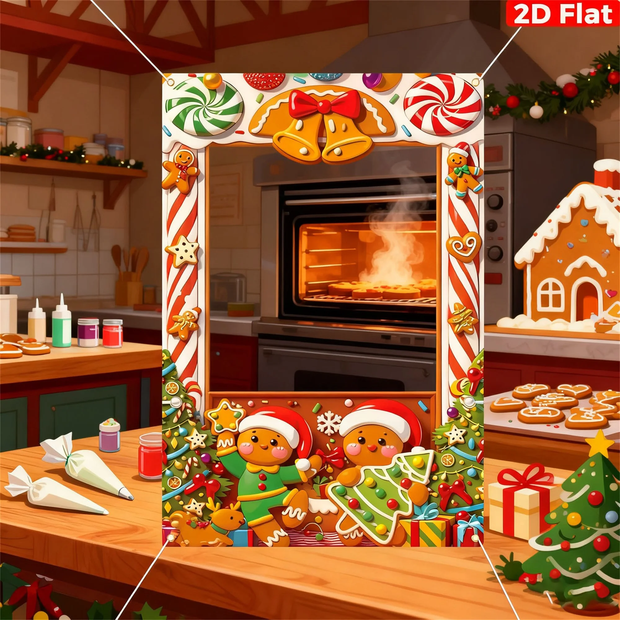 Christmas Backdrop Santa Claus Print Frame Photo Booth Props Carnival Party Favor Gingerbread Man Theme Decorations