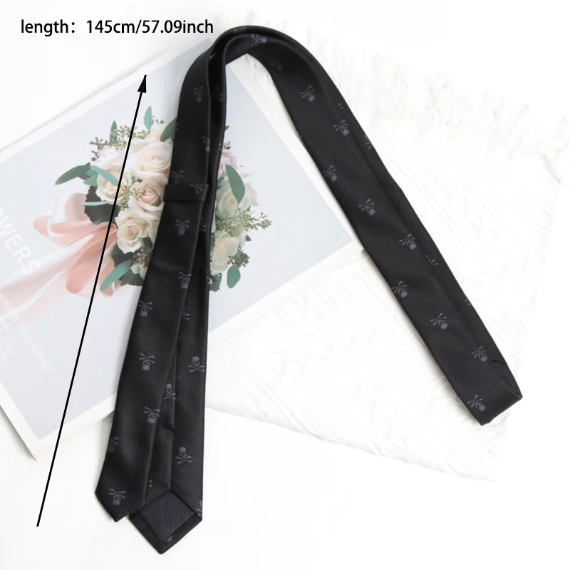 Black Slim Skull Ties for Men Women NeckTie Pocket Square Cufflinks Brooch Set Casual Party Cosplay Punk Accessories Fake Collar