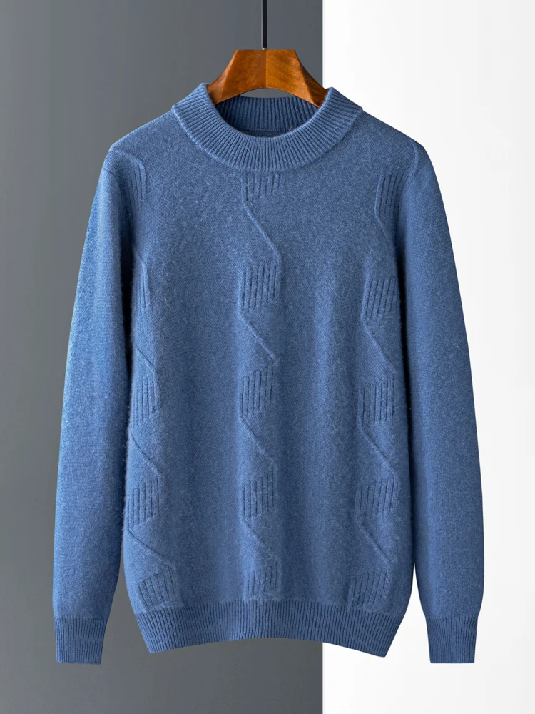 100%Pure Cashmere Long Sleeve Sweater Men's Loose Half Turtleneck Jacquard Pullovers Autumn Winter Youth Top High-End Knit Shirt