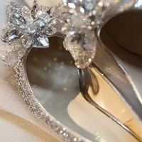 French Crystal Silver High Heels Womens 2024 New Bow Solid Shining Womens Shoes WOMEN Pointed Toe Casual Pumps 2