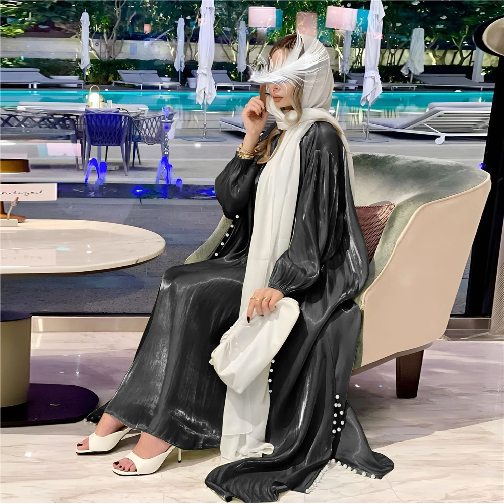 Morocco Caftan Muslim Abaya Women Dress 2 Piece Set Abayas Gowns Dubai Arabic Shiny Satin Kimono Cardigan Robe Outwear Spring