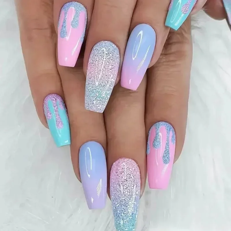 False Nails 24Pcs/Set Acrylic Long Ballet Press on Nail Tips Coffin Wearing Reusable Colorful Glossy Artificial