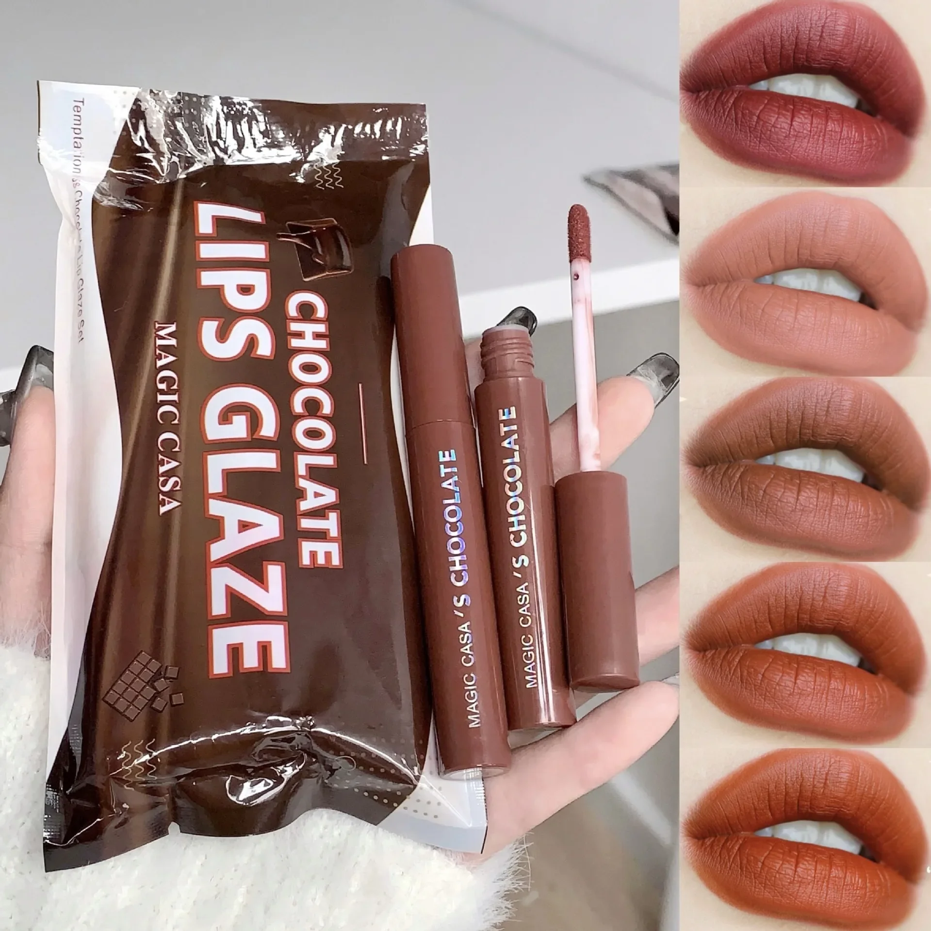 5Pcs/Set Chocolate Lip Gloss Set Waterproof Long-Lasting Non-Sticky Silky Smooth Nude Red Liquid Lipstick Makeup Cosmetics