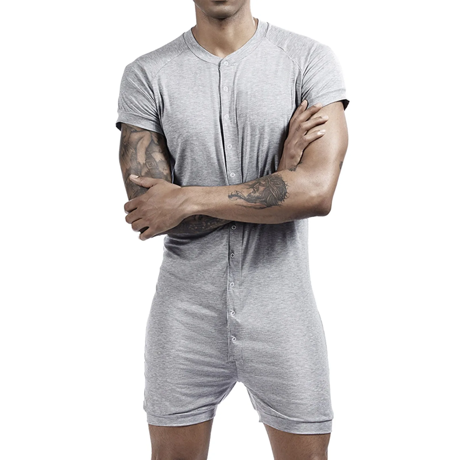 Male Short Sleeve Jumpsuit Spring Tight Soild Color Button Jumpsuit Summer Home Clothes Man Cozy Sleepwears